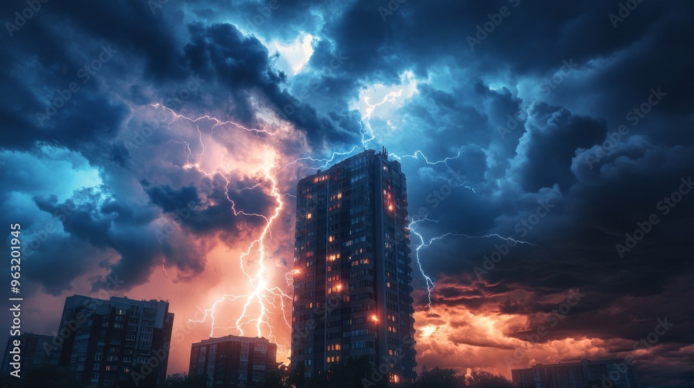 Poster High-resolution view of lightning striking a tall building during a summer thunderstorm, with dramatic illumination and stormy clouds overhead.