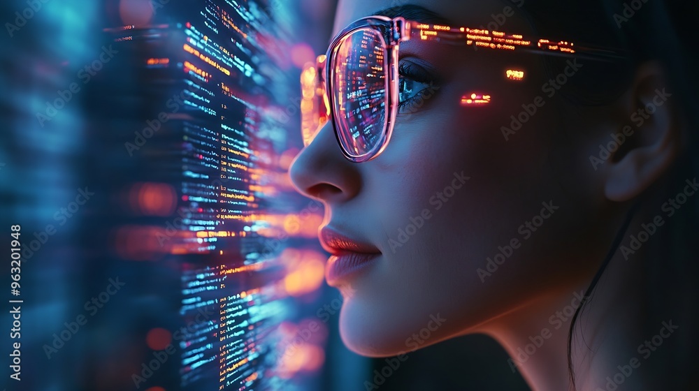 Fototapete Software coding hologram and woman on tablet thinking of data analytics digital technology and night overlay Programmer or IT person in glasses on 3d screen programming and cybersecuri : Generative AI