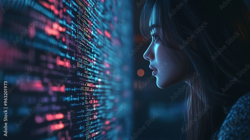 Fototapete Computer code hologram and woman thinking of data analytics information technology or software overlay at night Laptop solution and IT people with algorithm statistics and cybersecurit : Generative AI