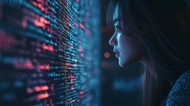 Computer code hologram and woman thinking of data analytics information technology or software overlay at night Laptop solution and IT people with algorithm statistics and cybersecurit : Generative AI
