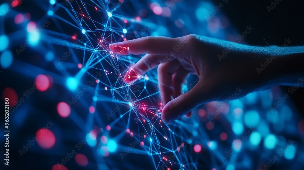 Poster digital cyber era technology concept human hand touching interconnected polygons of massive amounts 