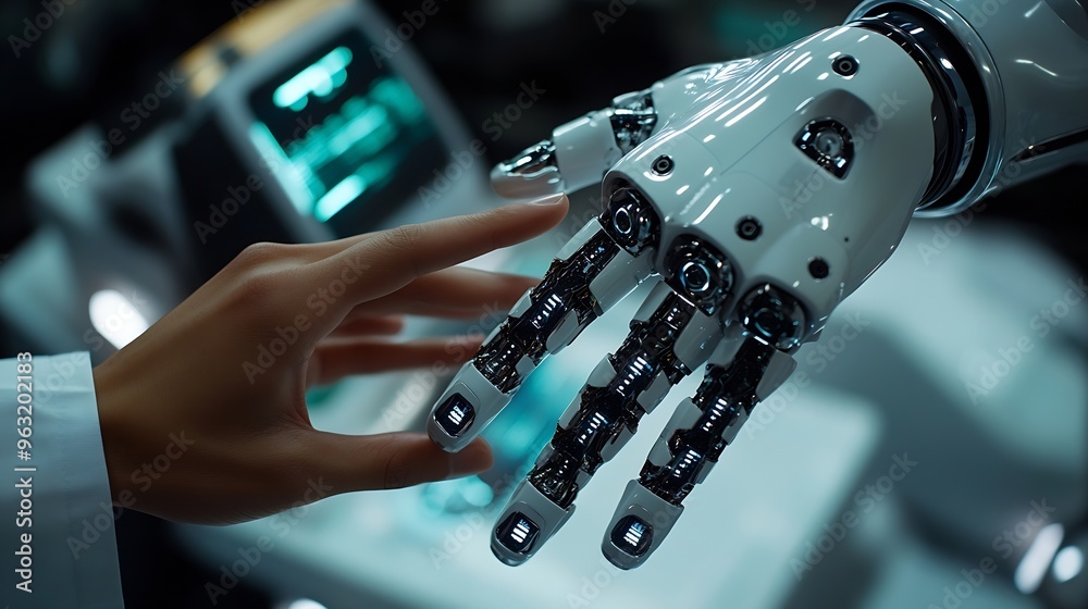 Aufkleber medical ai hands of robot and human touching on medical data network connection ai robot for diagnos