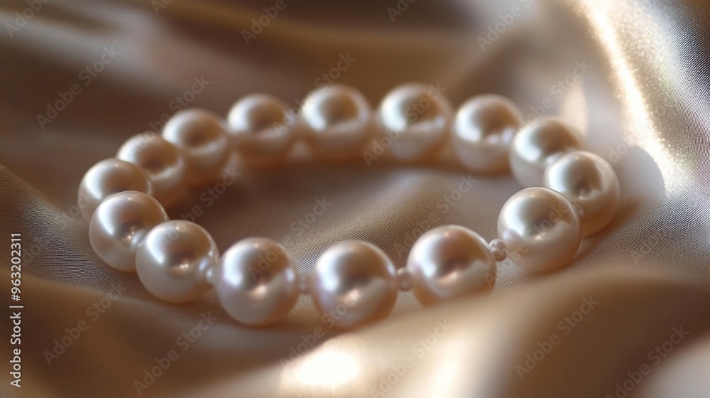Poster Macro shot of a pearl bracelet resting on a silk fabric, focusing on the soft shimmer and perfect roundness of the pearls.