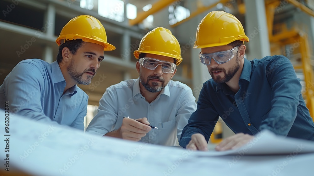Leinwandbilder team engineer foreman architect meeting for colleagues discussing and checks construction blueprints