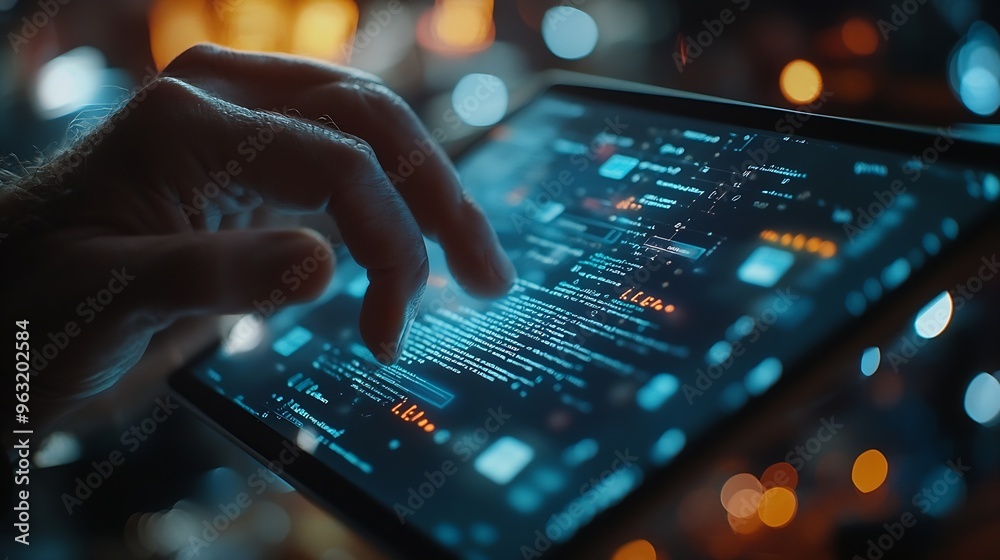 Fototapete Software development IoT internet of Things Internet network technology concept Man coding programmer software developer working on digital tablet with binary html computer code on vir : Generative AI