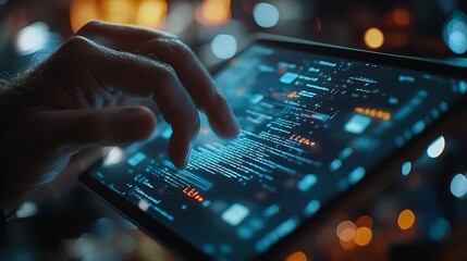 Software development IoT internet of Things Internet network technology concept Man coding programmer software developer working on digital tablet with binary html computer code on vir : Generative AI