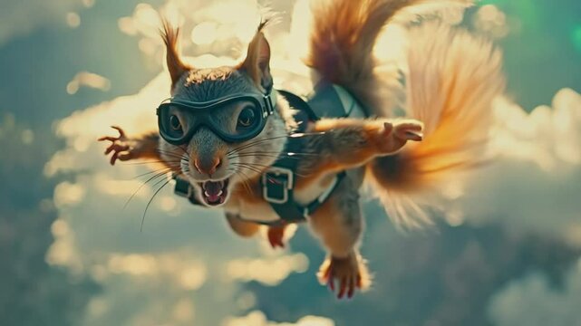 3D animation: A skydiver squirrel flying in the sky or air. White clouds and blue sky. The animal is wearing a parachute and glasses.
