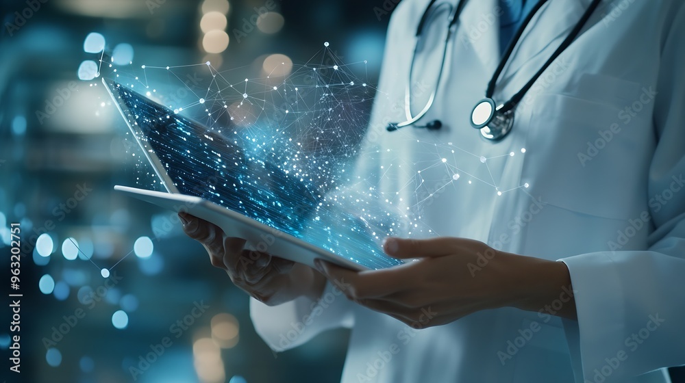 Aufkleber Medical technology EMRs Electronic medical record system concept Doctor using digital tablet laptop computer with electronic health data and  internet network connection virtual hospit : Generative AI