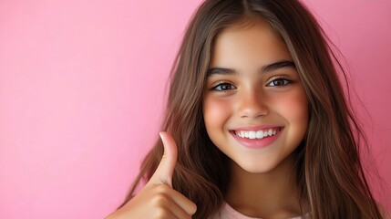 Hispanic adorable teenager girl pointing with her thumb to a pink copy space ad smiling looking happy : Generative AI