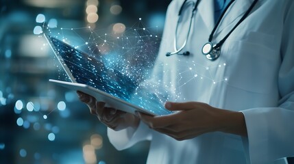 Medical technology EMRs Electronic medical record system concept Doctor using digital tablet laptop computer with electronic health data and  internet network connection virtual hospit : Generative AI