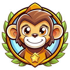Smiling Cartoon Monkey with a Star on its Chest in a Green Leaf Circle