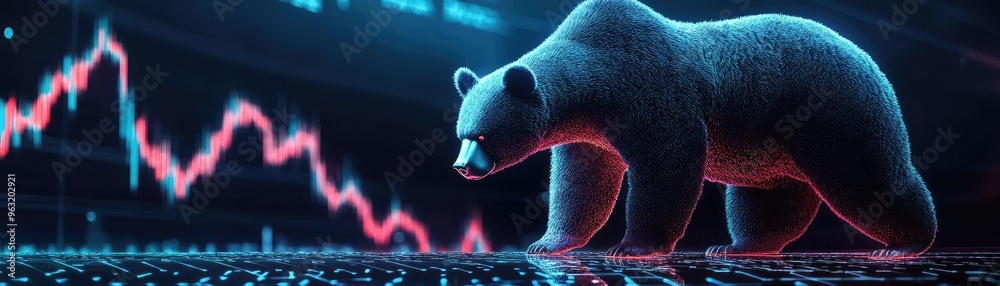 Poster A digital depiction of a bear associated with market decline, featuring dynamic graph lines and a dark futuristic backdrop.