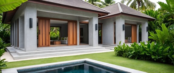 Fototapeta premium The villa has a dark concrete exterior with wooden accents and large glass doors, surrounded by lush greenery.