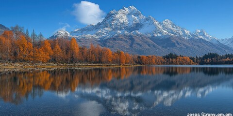 Fototapeta premium Autumnal Trees and Snow-Capped Mountains Reflected in a Still Lake