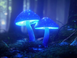 Glowing Blue Mushrooms in the Forest.