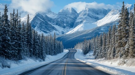 Scenic shot of a mountain road meandering through a snowy landscape, with pristine white snow covering the surrounding peaks and evergreen trees.