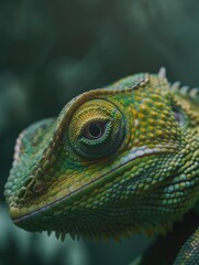 Fototapeta premium A green lizard with a yellow eye. The lizard is looking at the camera
