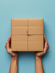 A person is holding a brown cardboard box with a string tied around it. The box is wrapped in brown paper and has a bow on top