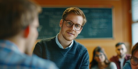 A man wearing glasses is talking to another man in a classroom. The man is smiling and he is engaged in the conversation. There are several other people in the room
