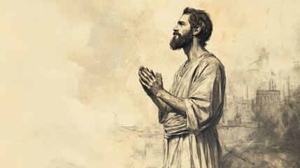 Fototapeta premium Biblical Illustration: Isaiah Standing Solemnly Overlooking Jerusalem, His Clasped Hands Reflecting Foreboding and Understanding of the Consequences of Hezekiah’s Actions