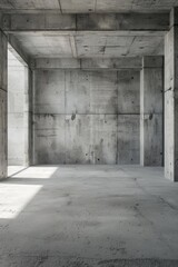 Fototapeta premium A large, empty room with a concrete wall. The room is very bare and empty, with no furniture or decorations. The walls are made of concrete, giving the room a very industrial and stark appearance