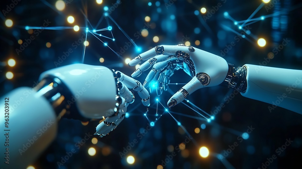 Poster AI Machine learning Hands of robot and human touching on big data network connection background Digital Transformation Science and artificial intelligence technology innovation and fut : Generative AI