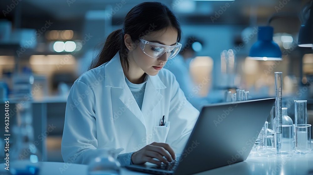 Aufkleber woman scientist and research with laptop and tablet for results medical study or exam on new discove
