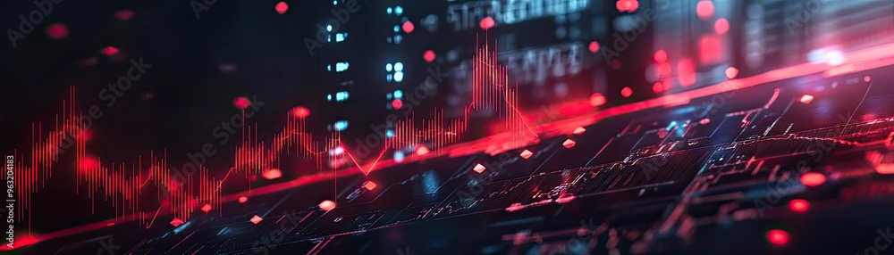 Poster a futuristic digital landscape showcasing vibrant data trends and tech elements in red and blue hues