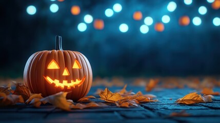 A glowing jack-o'-lantern surrounded by autumn leaves, set against a dreamy blue backdrop with soft fairy lights.
