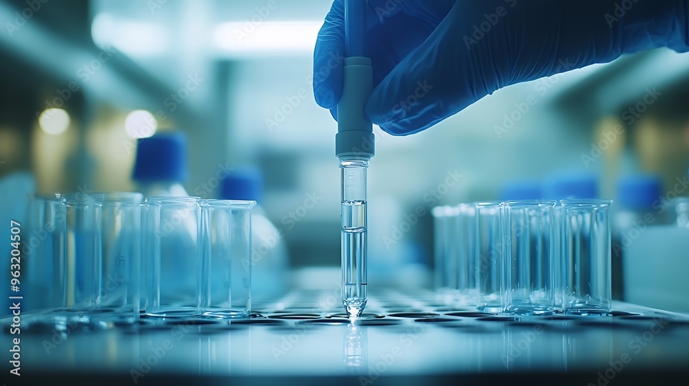 Aufkleber Medical development research laboratory chemist or science scientist student hand in glove drop water into pipette for test analysis liquid sample in clinic lab Microbiology analysing  : Generative AI