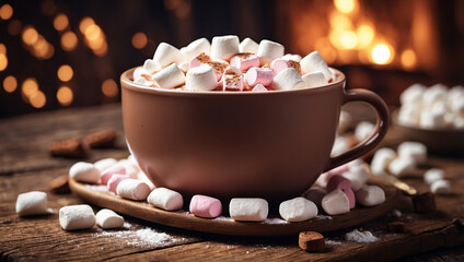 Closeup of a cup of hot cocoa with marshmallows on a cozy setting
