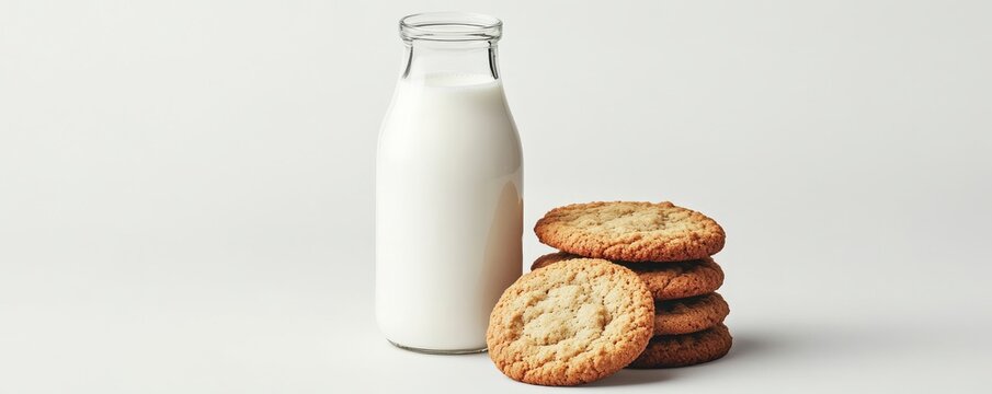 Milk bottle and stack of cookies on