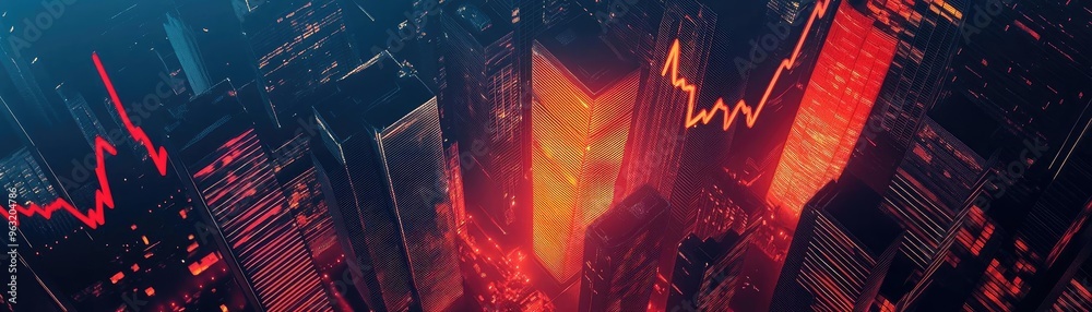 Aufkleber aerial view of urban skyline with financial graphs and red tones, symbolizing market trends and econ