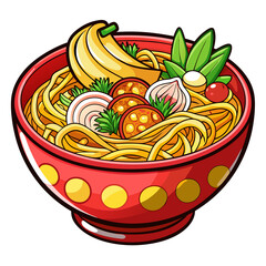 Cartoon Illustration of a Bowl of Noodles with Various Toppings