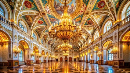 Obraz premium A stunning worm s eye view of the magnificent Georgievsky Hall inside the Kremlin Palace in Moscow showcasing its intricately detailed arches ornate chandeliers and regal golden accents