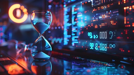 Digital Hourglass in Modern Tech Focused Office Setting Symbolizing Time Passage