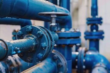 A blue pipe with a valve on it. The valve is rusted and has a lot of bolts