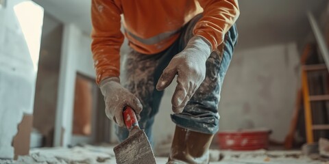 A man in an orange shirt is holding a trowel and working on a wall. Concept of hard work and dedication, as the man is focused on his task