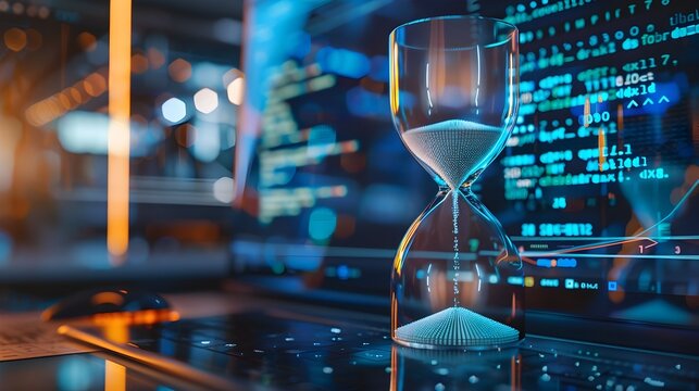 Digital Hourglass on Computer Screen   Modern Passage of Time Concept