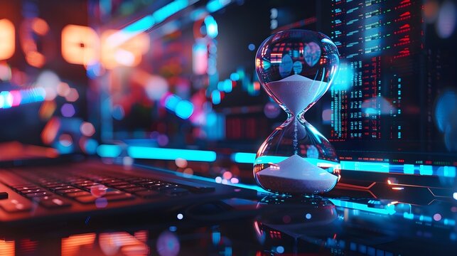 Futuristic Digital Hourglass Sphere with Neon Lights on Abstract Technology Background - Powered by Adobe