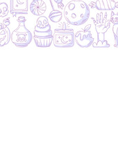 Halloween poster, vertical a4 background, space for text. Minimalist purple icons upper frame. Holiday elements, moon, cat, pumpkin, sweets, zombie hand. For card, banner, invitation, party, planner