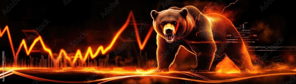 Poster dynamic bear image representing strength and resilience against a fiery background with a market tre