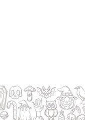 Halloween poster, vertical a4 background, space for text. Minimalist monochrome gray bottom frame. Holiday elements, skull, ghost, pumpkin, sweets, zombie hand. For card, banner, invitation, planner