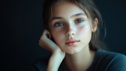 Fototapeta premium portrait of thinking teen girl in tshirt thinking teen girl express emotions : Generative AI