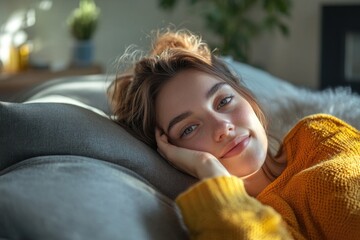 A woman is laying on a couch with her head on her hand. She is smiling and looking at the camera