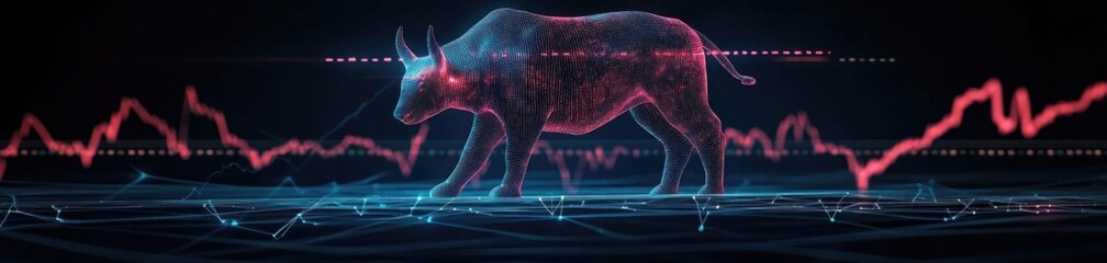 A digital bull figure stands on a fluctuating graph, symbolizing financial success and market movements in modern trading.