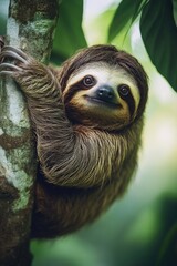 Fototapeta premium A brown and white sloth is sitting on a tree branch. The sloth is looking at the camera and he is smiling