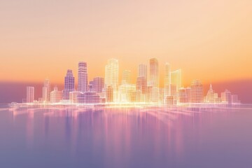 Fototapeta premium Wireframe City Skyline at Sunset.