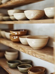 A shelf full of bowls of various sizes and colors. The bowls are arranged in a way that they are all visible and easily accessible. The shelf is made of wood and has a rustic feel to it