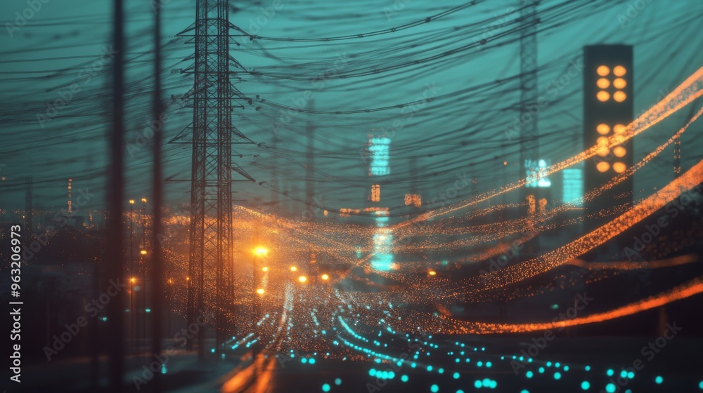 Poster Visualization of electric waves coursing through a futuristic power grid, illustrating the concept of smart cities and renewable energy systems.